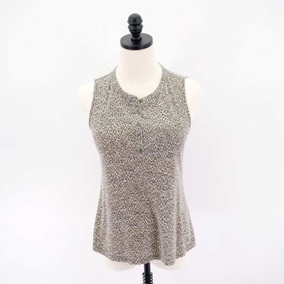 Liz Claiborne Petite PS Green Black Tan Spec‎ Button Sleeveless Blouse Top - Picture 1 of 8